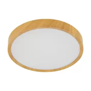 Image of Flush Ceiling Light Colour Natural Wood Look Shade White Plastic Bulb LED 33.5W