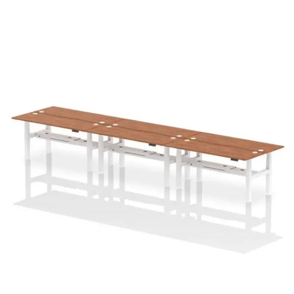 Image of Air Air Back-to-Back 1800 x 600mm Height Adjustable 6 Person Bench Desk Walnut Top with Cable Ports White Frame HASCP6P18600WNTW
