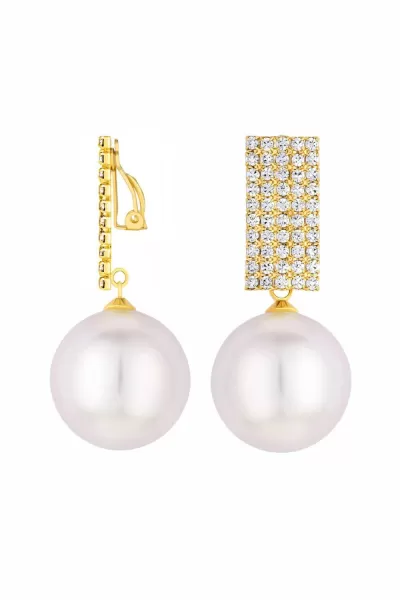 Image of Gold Plated Pave And Pearl Drop Clip Earrings