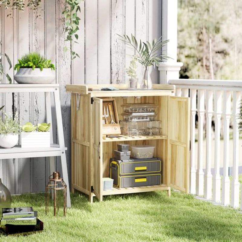 Image of Outsunny Outsunny Wooden Garden Storage Shed w/Hinged Roof and Shelf, Natural Wood Natural