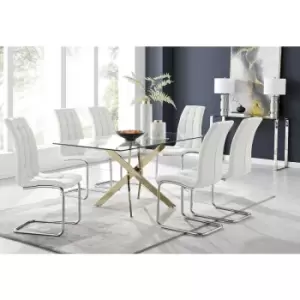 Image of Furniturebox Leonardo 150cm Modern Glass And Gold Metal Dining Leg Table And 6 White Murano Faux Leather Silver Chrome Leg Dining Chairs