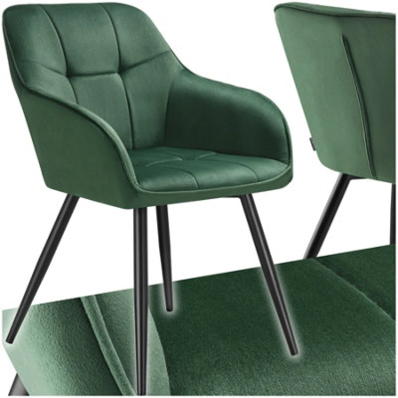 Image of Tectake 1 Dining Chair Marilyn - Velvet Look, Quilted Pattern - Dark Green / Black
