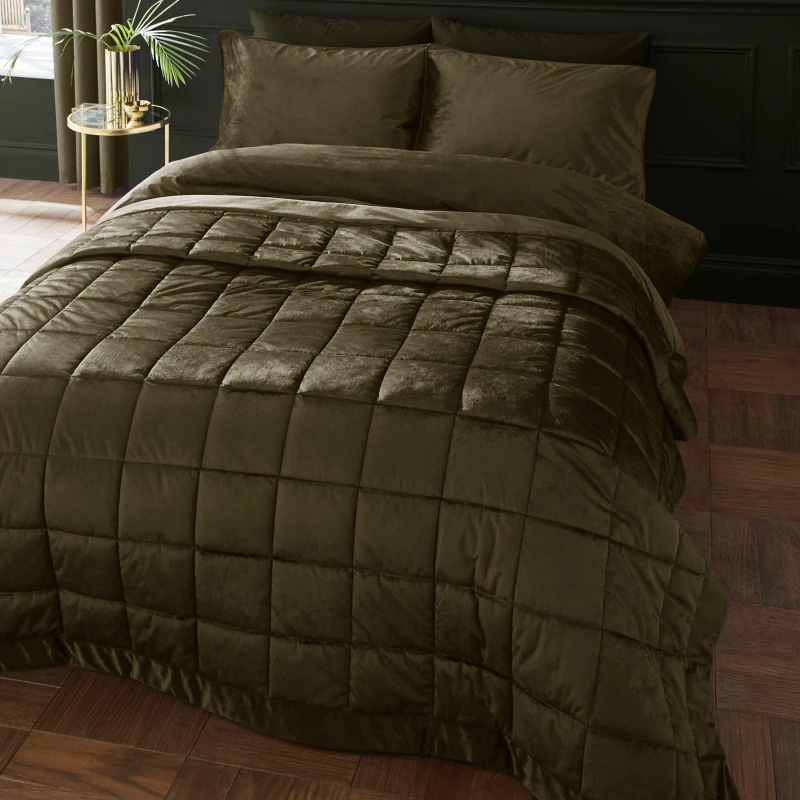 Image of Catherine Lansfield Catherine Lansfield 'Kingsley Matt Velvet' Quilted Bedspread in Olive Olive One Size Unisex 5057681154756