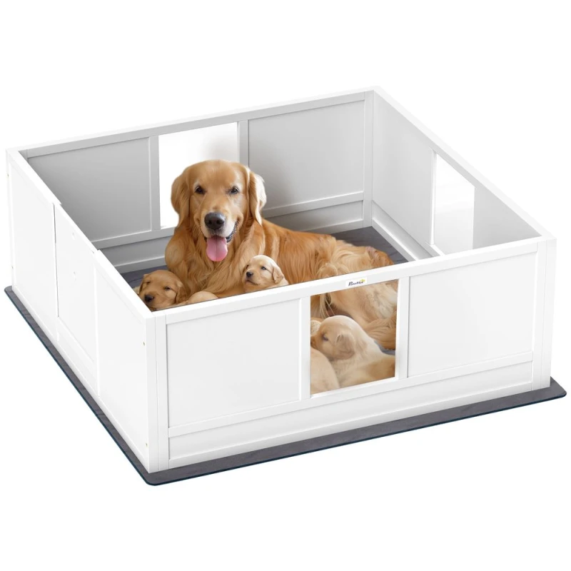 Image of PawHut PawHut Dog Whelping Box with Whelping Pad, Adjustable Entrance, 124 x 120cm White