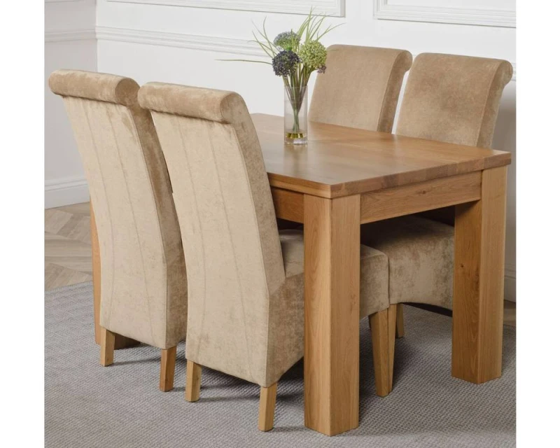 Image of Thats Furniture Dakot 127 x 82cm Oak Small Dining Table & 4 Montana Fabric Chairs in Beige Size: 127 x 82cm Beige Unisex 127 x 82 cm