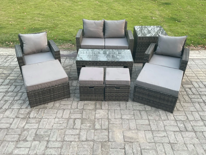 Image of Fimous High Back Rattan Garden Furniture Sofa Sets w/ Rectangular Coffee Table Side Table Armchair 2 Big Footstool 2 Small Footstools Dark Grey Mixed