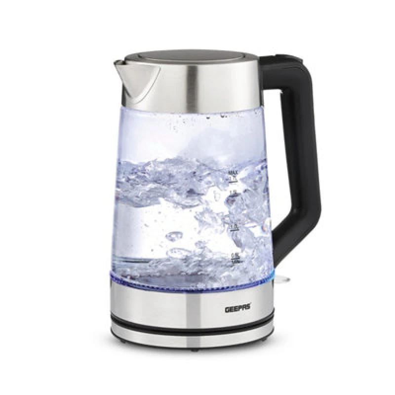 Image of Geepas 3000W Electric Jug Kettle Cordless 1.7L Blue LED Illuminating Glass White unisex