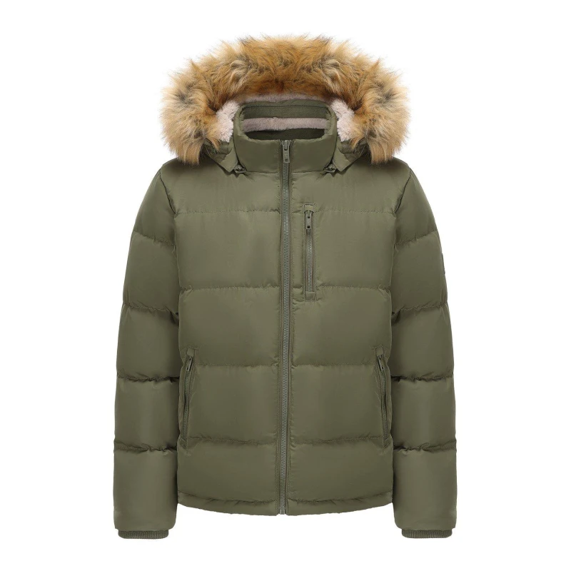 Image of SoulCal Mens 2 Zip Bubble Faux Fur Trim Fleece Lined Short Puffer Jacket Khaki male S