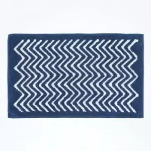 Image of HOMESCAPES Chevron Navy Blue and White Cotton Bathmat - Blue - Blue - Blue