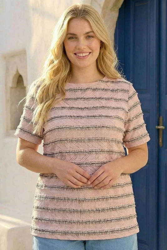 Image of Roman Womens Curve Stripe Frill Lace Top in Pink Size: 18 Pink Female 18