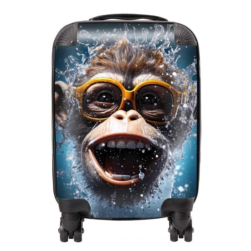 Image of Warren Reed - Designer Splashart Cheeky Chimp Face With Glasses Suitcase in Blue Size: Medium Blue Unisex Medium
