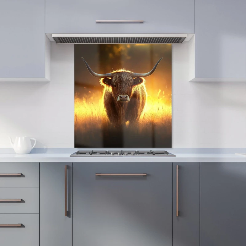 Image of Warren Reed - Designer Highland Cow Sunset Kitchen Splashback in Orange Size: 700mm x 650mm Orange Unisex 700mm x 650mm