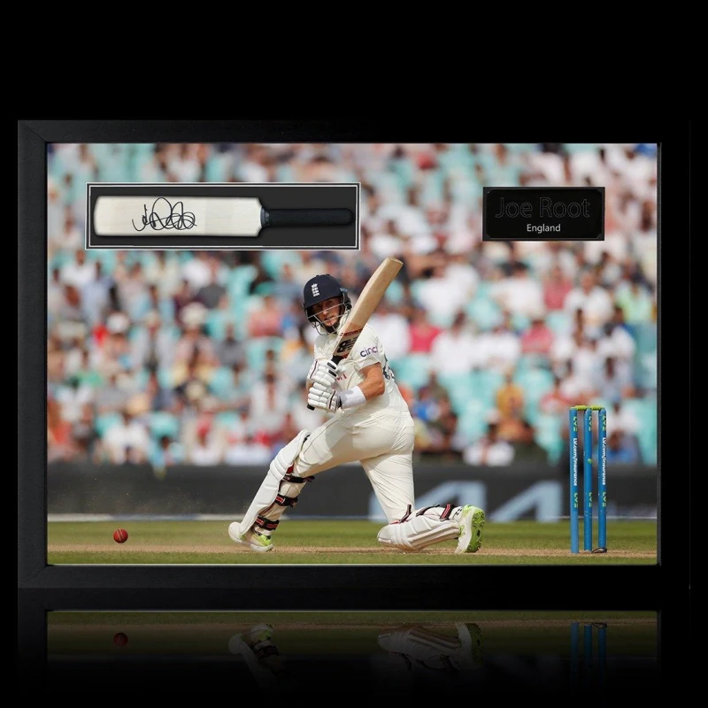 Image of The Fan Cave Joe Root Signed Mini Cricket Bat Iconic Frame White unisex 690mm x 48
