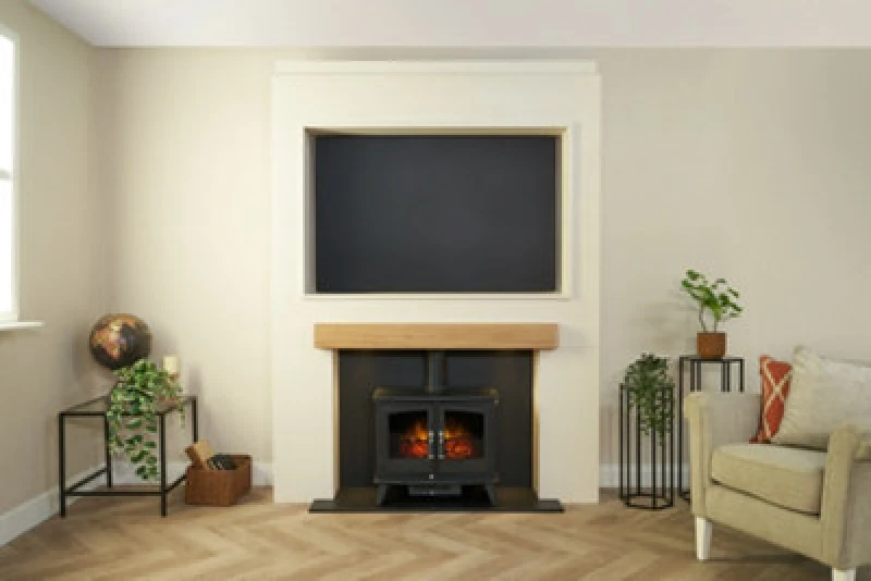 Image of Acantha Pre-Built Stove Media Wall 2 With TV Recess & Woodhouse Electric Stove In Black