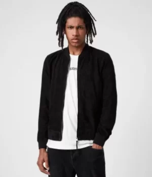 Image of AllSaints Mens Ronan Suede Bomber Jacket, Black, Size: XXL