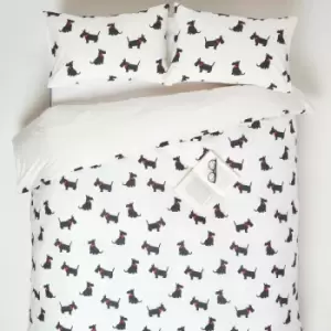 Image of HOMESCAPES Scottie Dog Digitally Printed Cotton Duvet Cover Set, Double - White