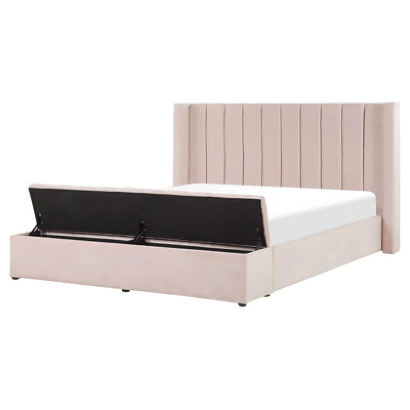 Image of Beliani Bed With Storage Bench Velvet Noyers 160 X 200 Cm (Eu King Size) Pastel Pink
