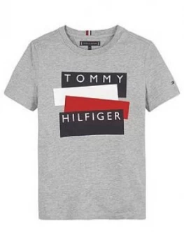 Image of Tommy Hilfiger Boys Short Sleeve Sticker Logo T-Shirt, Grey, Size 6 Years