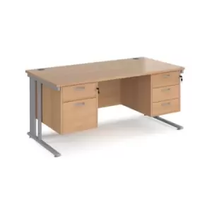 Image of Office Desk Rectangular Desk 1600mm With Double Pedestal Beech Top With Silver Frame 800mm Depth Maestro 25 MCM16P23SB