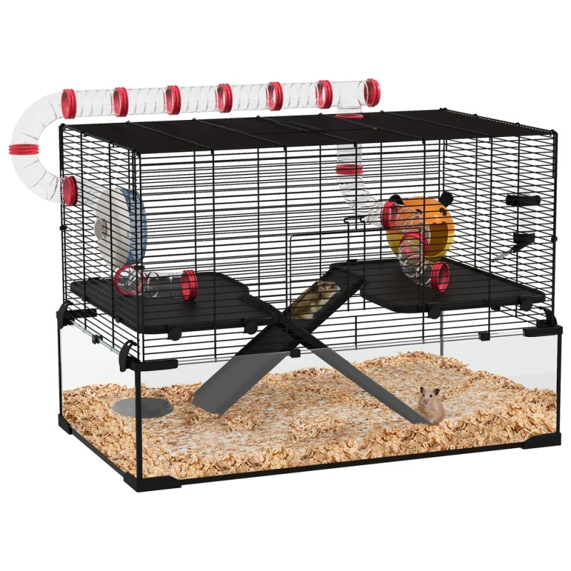 Image of PawHut Hamster Cage w/ Tunnels, Tubes, Ramps, Platforms, Hut, 78.5 x 48.5 x 57cm, Black D51-417V01BK