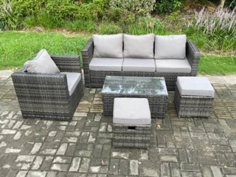 Image of Fimous Rattan Garden Furniture Set with 3 Seater Sofa Coffee Table Armchair Indoor Outdoor Patio Lounge Sofa Set Dark Grey