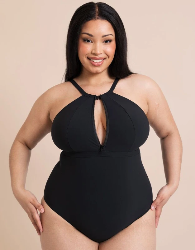 Image of Curvy Kate Womens Zip Tide Multiway Swimsuit One Piece in Black Size: Large Black Female L
