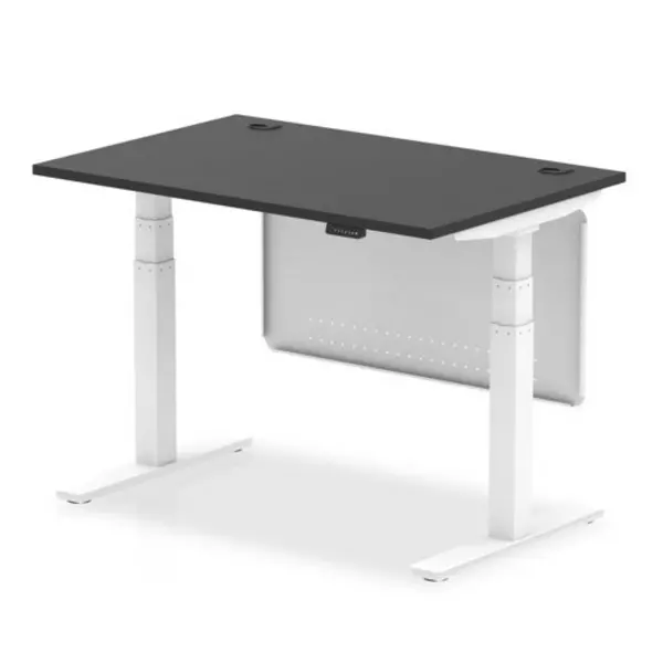 Image of Air Black Series 1200 x 800mm Height Adjustable Desk Black Top with Cable Ports White Leg With White Steel Modesty Panel
