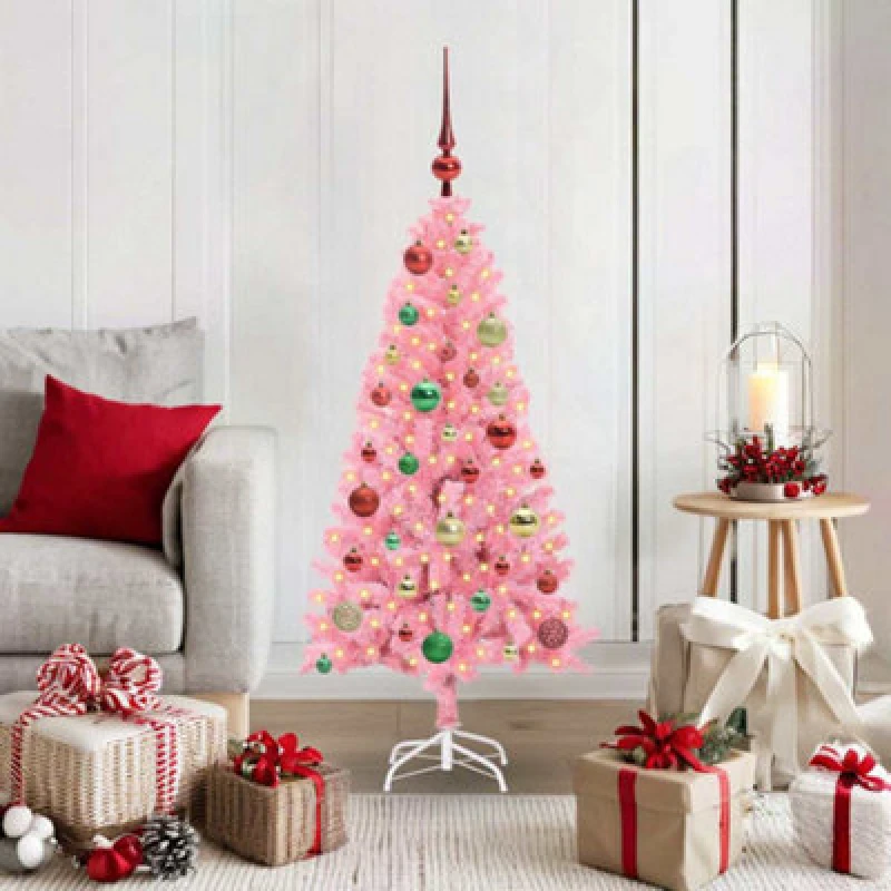 Image of vidaXL Christmas Tree with 150 LEDs with Stand Pink 120cm PVC, Pink 3396415