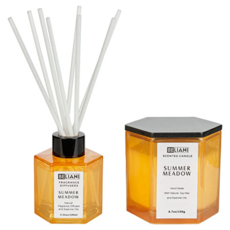 Image of BELIANI Beliani - Set of Scented Candle and Fragrance Stick Diffuser 100% Soy Wax Cotton Wick Glass Fruity Summer Meadow Classy Tint 408887