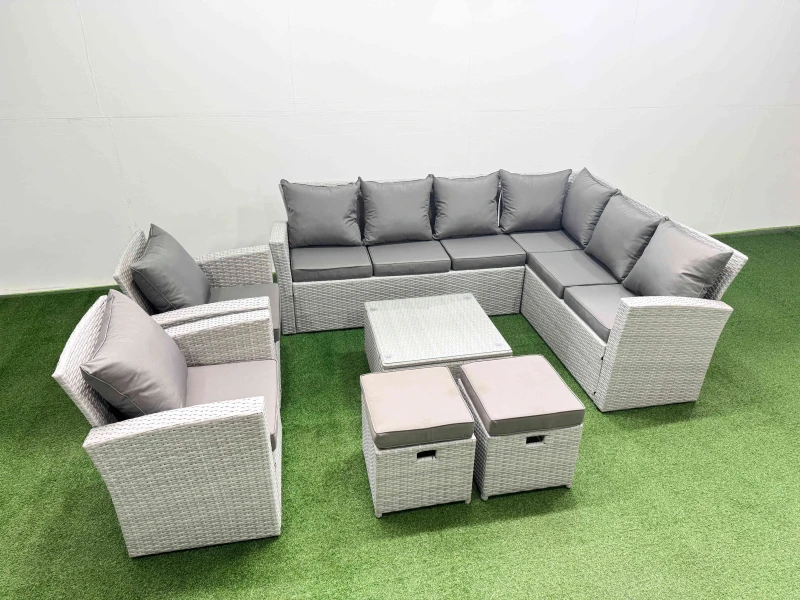 Image of Fimous Rattan Garden Outdoor Furniture Set 10 Seater Rattan Garden Sofa Sets in Light Grey Light Grey Unisex