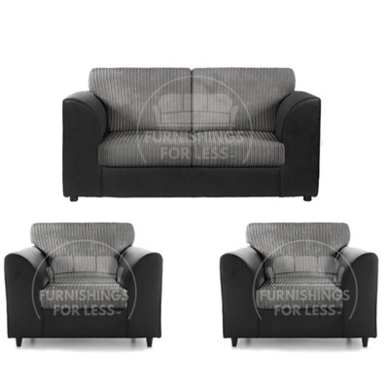 Image of Furnishings For Less UK Luxor Jumbo Cord 2 + 1 + 1 Fabric 3 Piece Sofa Suite - Fullback Black And Grey