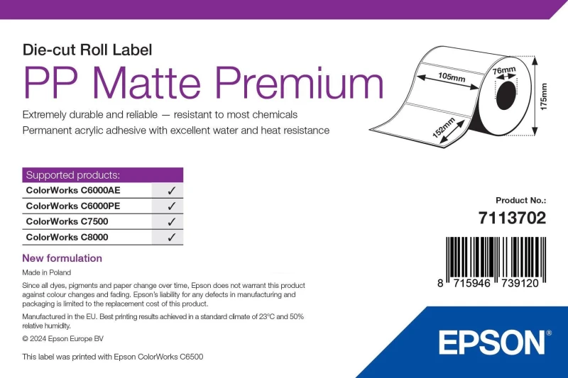 Image of Epson 7113702 Premium Matte White Die-Cut Label Roll 105mm x 152mm - 800 Labels (Original)