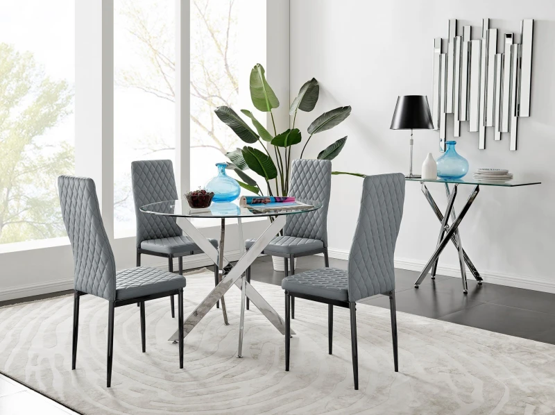 Image of FurnitureboxUK FurnitureboxUK Novara 100cm Round Dining Table and 4 Milan Black Leg Chairs in Grey Grey One Size Unisex 5056542647208