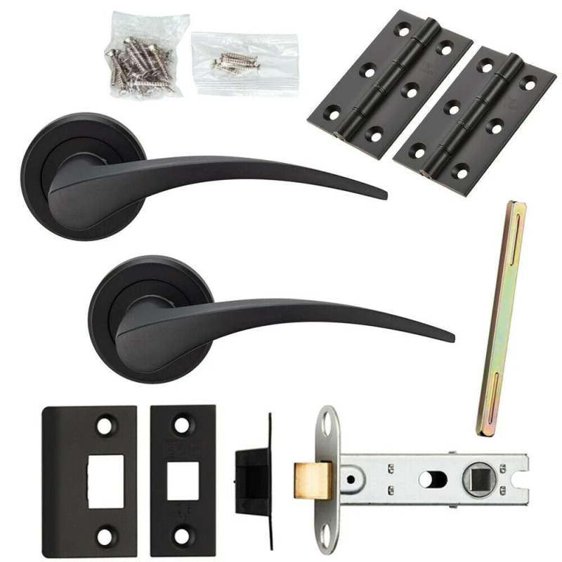 Image of Loops Door Handle & Latch Pack Matt Black Slim Arched Lever Screwless Round Rose Black