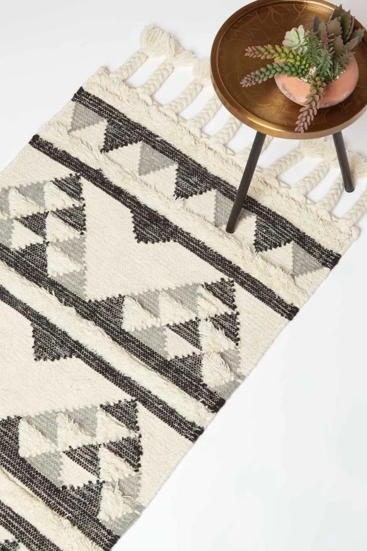 Image of Homescapes Kota Black & Grey Kilim Runner Wool Rug 66 x 200cm Grey