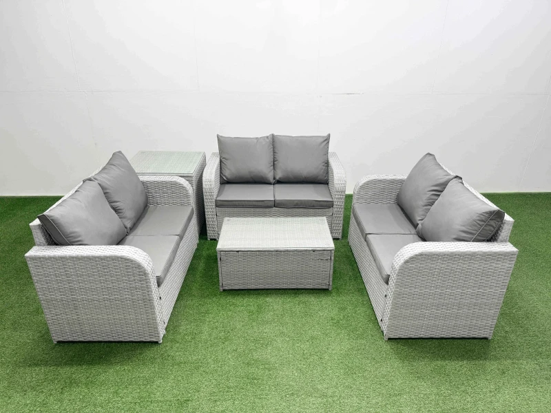 Image of Fimous 6 Seater PE Wicker Rattan Furniture Sofa Sets with Rectangular Coffee Table 2 Seater Love Sofa Side Table Light Grey Light Grey