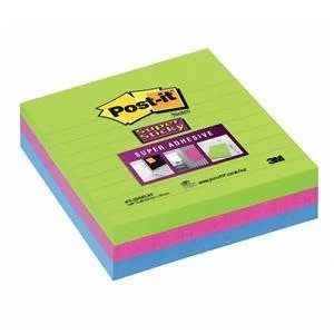 Image of Post it Super Sticky Removable Notes 100 x 100mm Ruled Assorted 3 x 70 Sheets