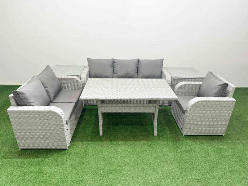 Image of Fimous Patio PE Wicker 6 Seater Outdoor Rattan Furniture Sofa Sets with Rectangular Dining Table Reclining Chair Loveseat Sofa 3 Seater Sofa 2 Side Ta