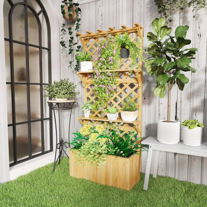 Image of OUTSUNNY Wooden Raised Planter with Trellis & 2 Shelves, Nature Wood in Natural Natural Unisex