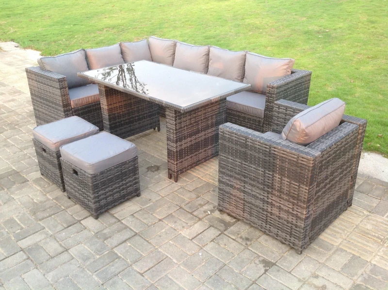 Image of Fimous Outdoor Lounge Rattan Corner Sofa Set Garden Furniture Rectangular Dining Table Chair 8 Seater Dark Grey