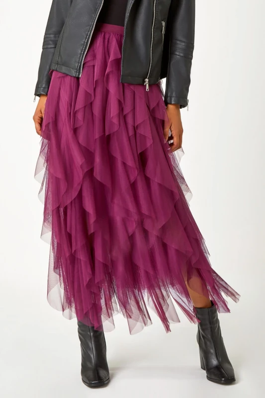 Image of Roman Elastic Waist Mesh Layered A Line Skirt Wine