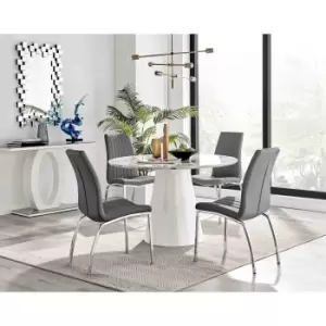 Image of Furniture Box Palma White Marble Effect Round Dining Table and 4 Grey Isco Chairs