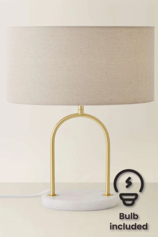 Image of ValueLights ValueLights Rachel Brushed Gold Arch Marble Base Table Lamp with Natural Lamp Shade and Bulb in Off White Off White One Size Unisex 505940