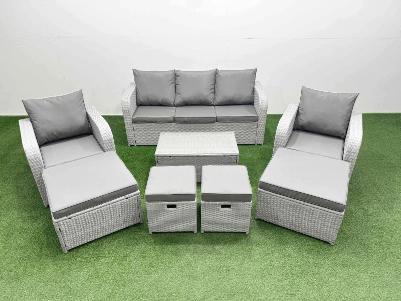 Image of Fimous 8 PCs Rectangular Coffee Table Set Reclining Chair Inclining Sofa Seat in Light Grey Light Grey Unisex
