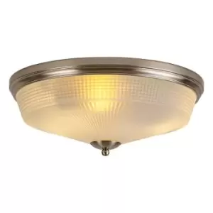 Image of Luminosa DeRuyter 3 Light E27 Flush Ceiling Lamp, Satin Nickel, Frosted Glass