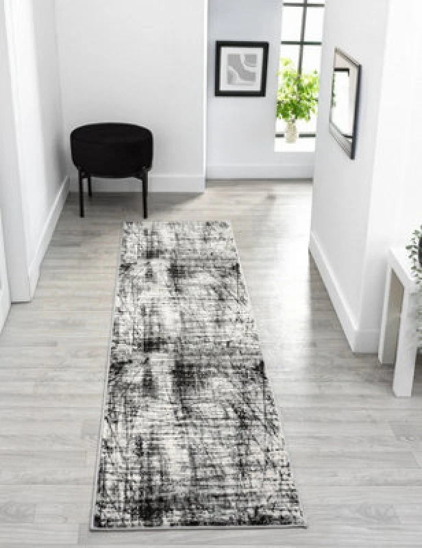 Image of Obsidian Modern Low Pile Area Rug - Oblique Abstract Design Grey 60Cm X 220Cm