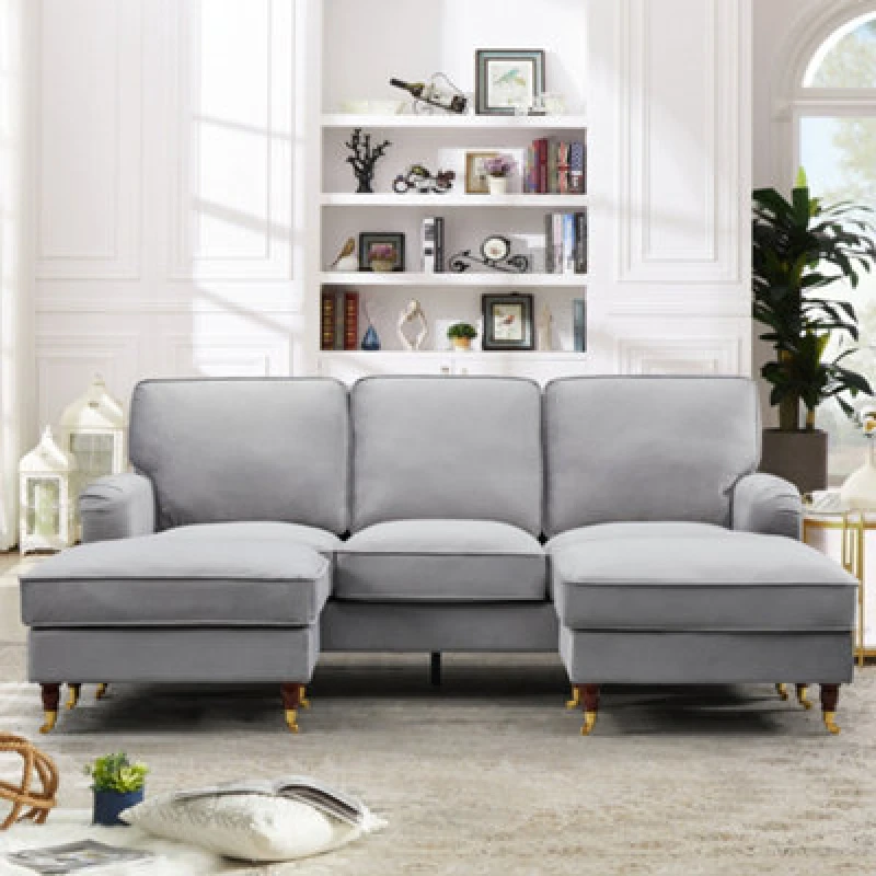 Image of Woodbury 218Cm Wide U-Shaped Grey Velvet Fabric Corner Sofa Walnut Colour Legs With Brass Coloured Wheel