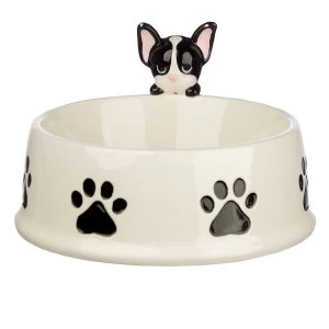 Image of Ceramic French Bulldog on Rim Pet Food Bowl