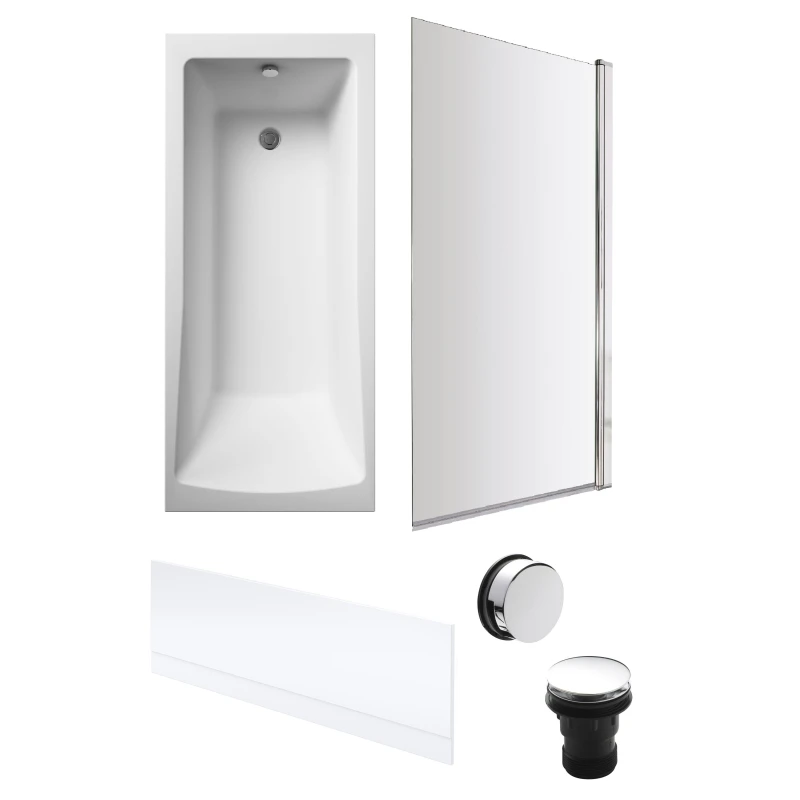 Image of Balterley Square Bath, Bath Screen, Front Panel, Chrome Waste 1700 x 700mm Silver