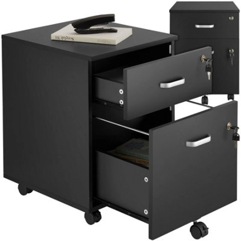 Image of Tectake Filing Cabinet - 2 Rolling, Lockable Drawers, Fits A4 Documents - 1 - Black
